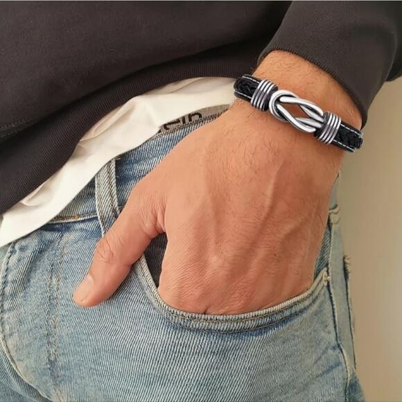 🔸️NIB Black "To My Man" Braided Leather Infinity Knot Cuff Bracelet 7.8" - Picture 2 of 11